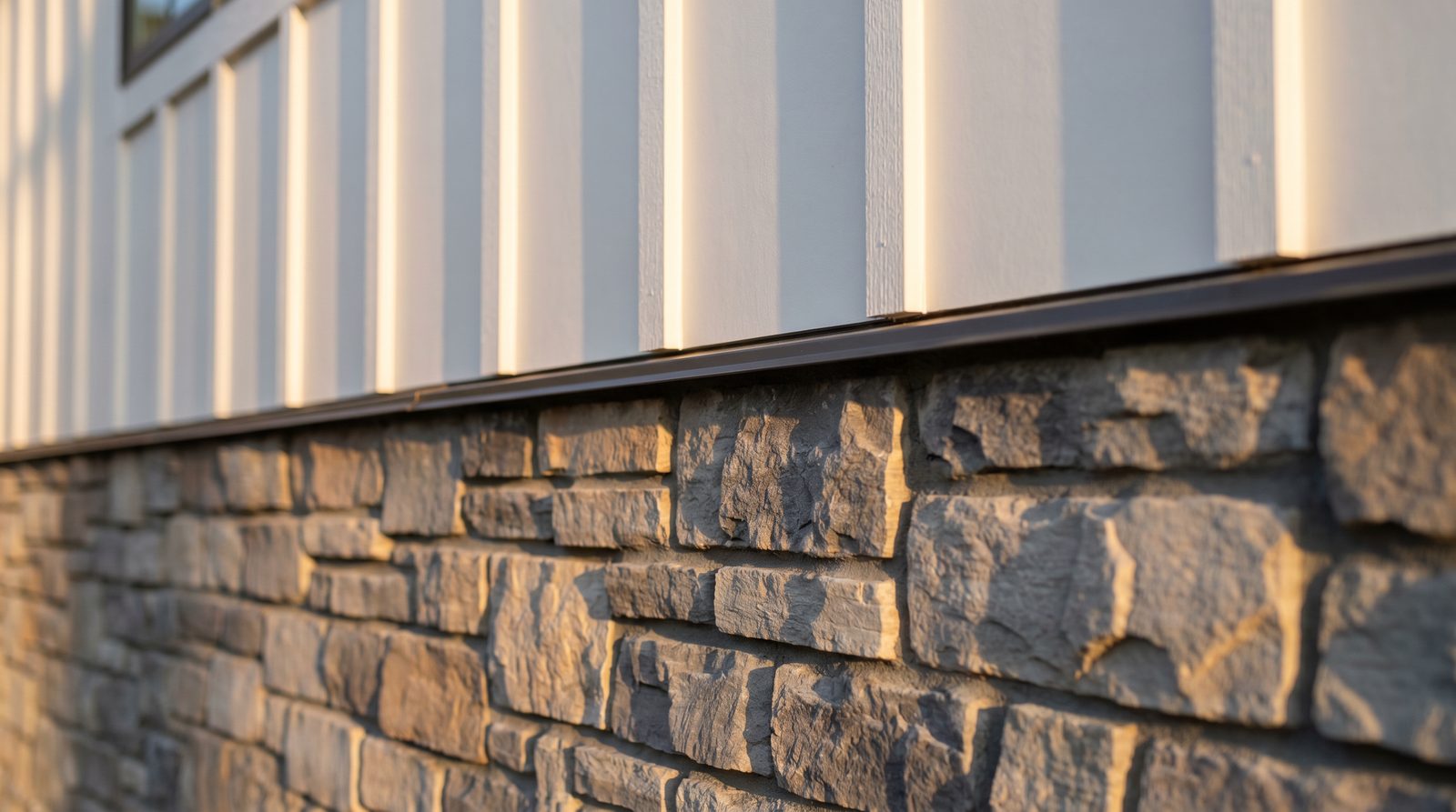 Vertical siding above stone veneer on a home