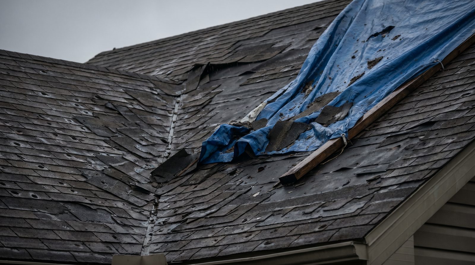 Storm-damaged shingles with an emergency tarp