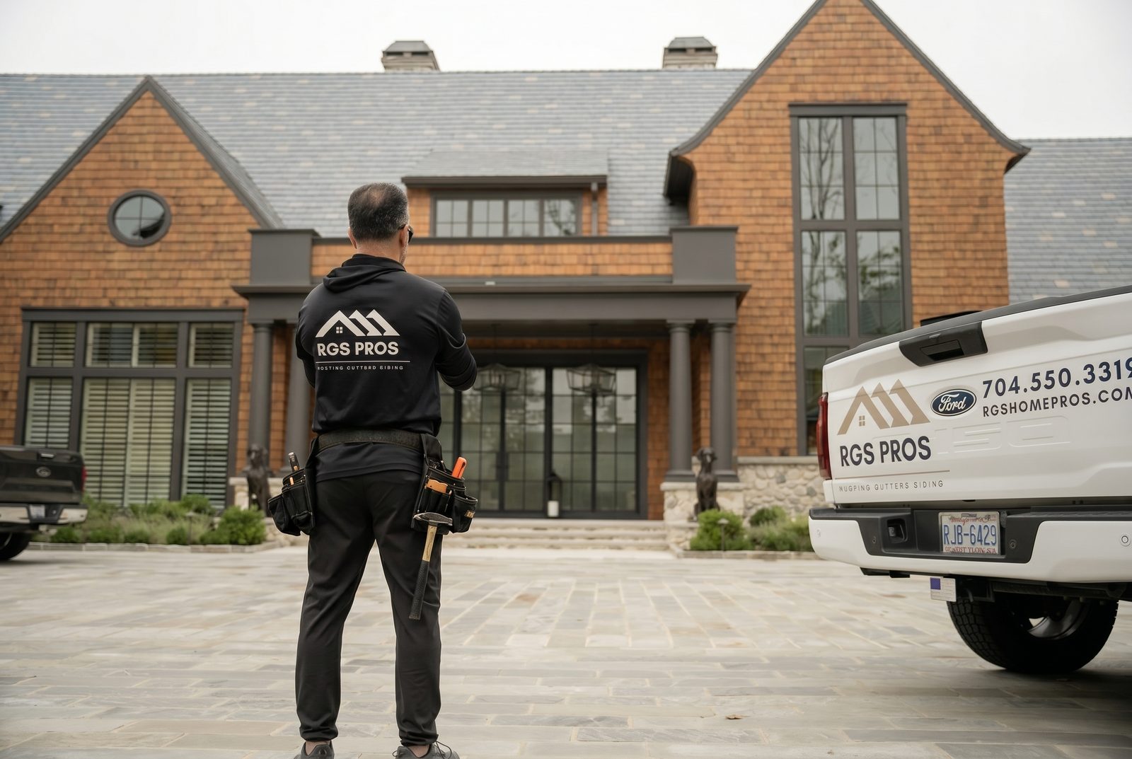 Tony Garay, owner of RGS Home Pros, on the job in front of a Lake Norman home